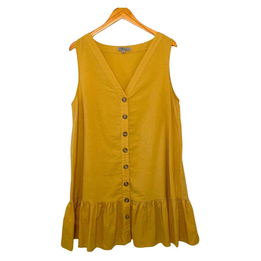 Yellow Linen, Sleeveless, Button-up Dress w/Ruffled Hem by Wishlist